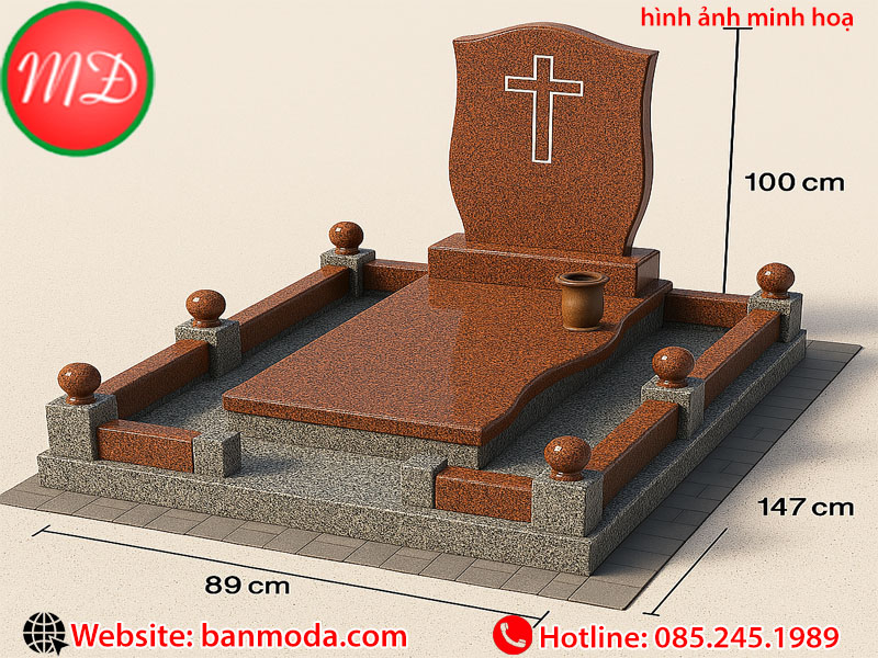 mộ đá granite công giáo nguyên khối - mẫu mộ đá màu đỏ xám