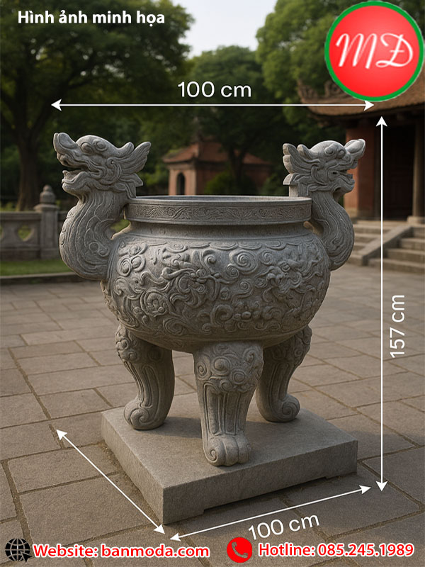 lư hương đá xanh tròn ba chân - mẫu lư hương phong thủy